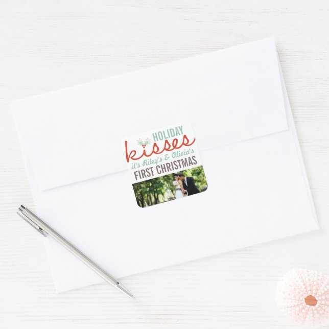 Sticker Carré Mr & Mrs First Christmas Mistletoes Mariage photo (Enveloppe)