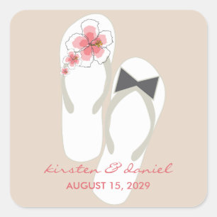Sticker Carré Mr & Mrs Pink Hibiscus Flip Flops Plage Mariage