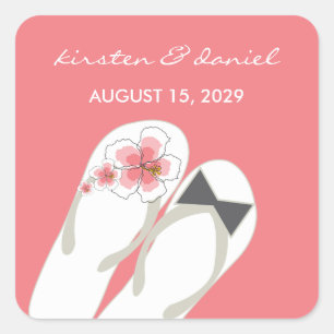Sticker Carré Mr & Mrs Pink Hibiscus Flip Flops Plage Mariage