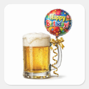 Sticker Carré Mug à bière d'anniversaire avec ballon de fête