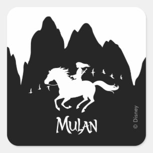 Sticker Carré Mulan Riding Vent Noir Montagnes Passées Silhouett