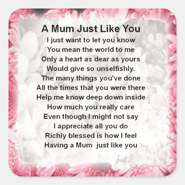 Sticker Carré Mum Poem - Design Floral Rose (Devant)