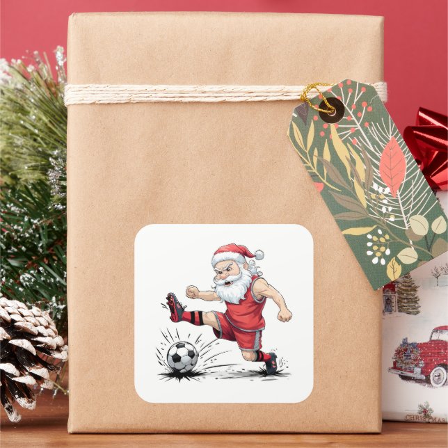 Sticker Carré Muscular Soccer Santa Kicking Ball (vacances)