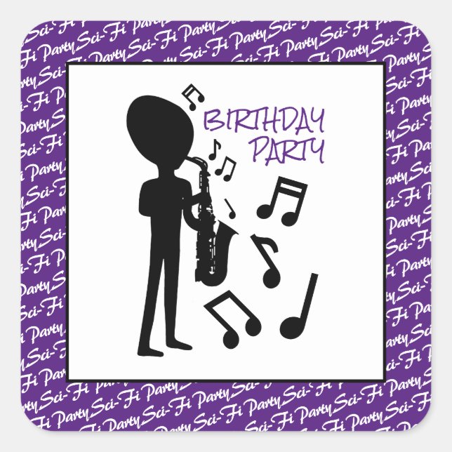 Sticker Carré Musicien Alien, Anniversaire (Devant)
