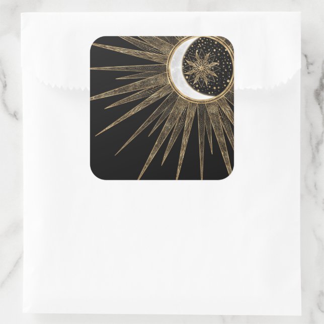Sticker Carré Mystic Black Gold Sun Moon Mandala (Sac)