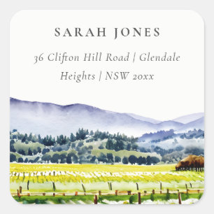 Sticker Carré Napa Valley Watercolor Vineyard Landcape Address