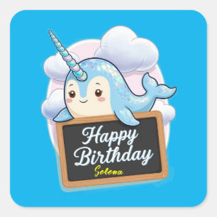Sticker Carré Narwhal tenant joyeux tableau de bord d'anniversai