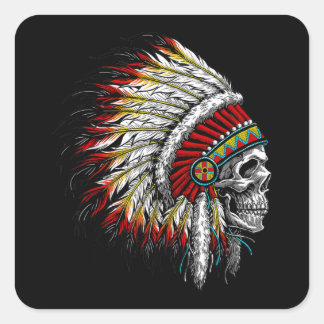 Sticker Carré Native American Indian Chief Skull Motorcycle