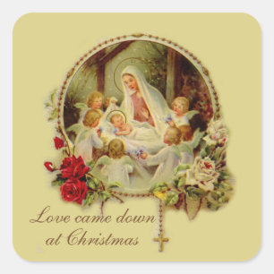 Sticker Carré Nativité Béni Mère Bébé Jésus Rosaire Roses 
