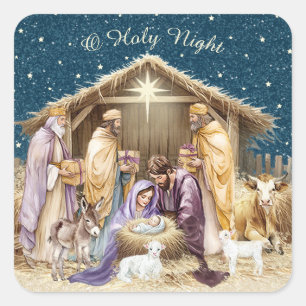 Sticker Carré Nativité de Noël à l'aquarelle 