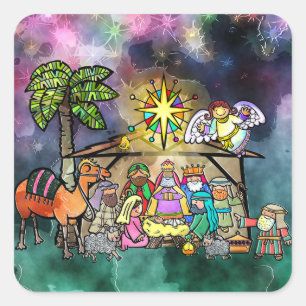 Sticker Carré Nativité de Noël aquarelle Doodle Scène
