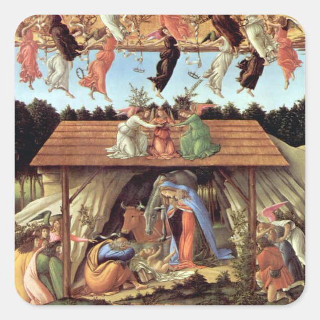 Sticker Carré Nativité de Noël, Naissance du Christ par Botticel (Devant)