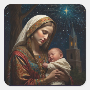 Sticker Carré Nativité de Noël Vierge Marie & Jésus