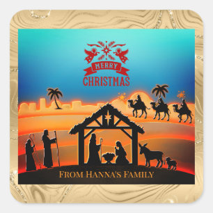 Sticker Carré Nativité d'or personnalisée "Joyeux Noël"