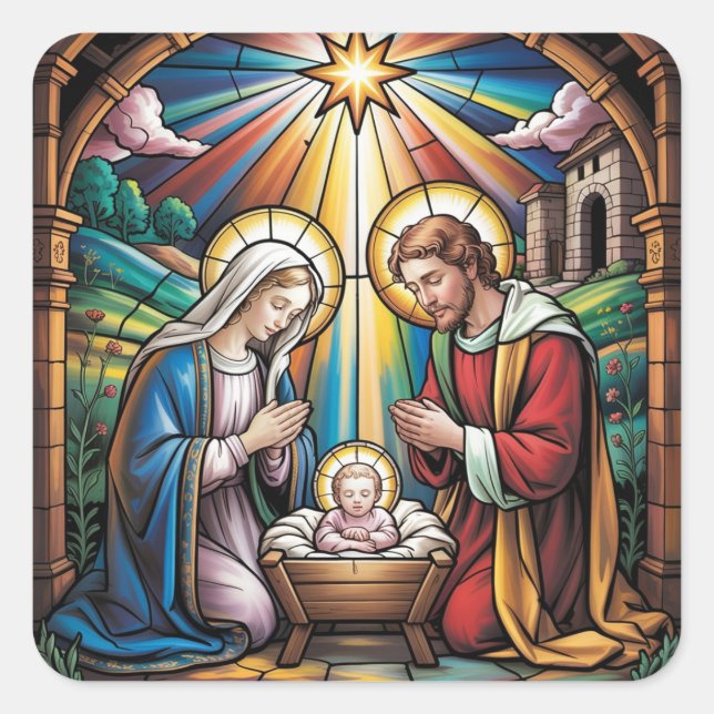 Sticker Carré Nativity Stained Glass Art – Holy Family Christmas (Devant)