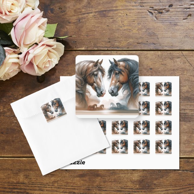 Sticker Carré Nature Brown Chevaux Mariage (Créateur téléchargé)