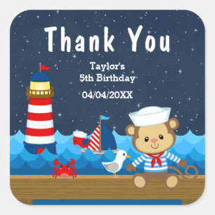 Sticker Carré Nautical Boy Monkey Red Anniversaire Merci