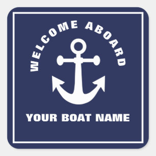 Sticker Carré Nautical Navy Blue Welcome Aboard Nom du bateau An
