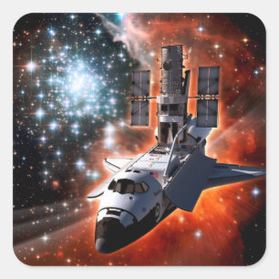 Sticker Carré Navette spatiale Atlantis Télescope Hubble Artwork