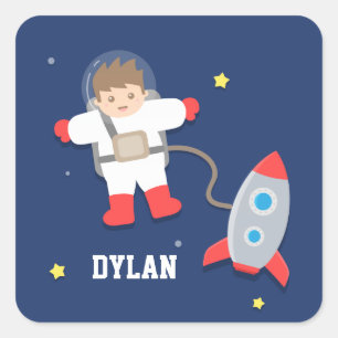 Sticker Carré Navire À Roquettes Mignonne Astronaut Espace Pour 