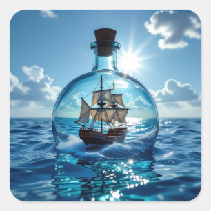Sticker Carré Navire dans une bouteille flottant sur l'océan