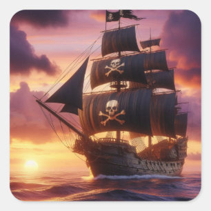 Sticker Carré Navire pirate au lever/coucher du soleil