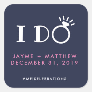 Sticker Carré Navy Blue Pink I Do Mariage Couple Hashtag Carré