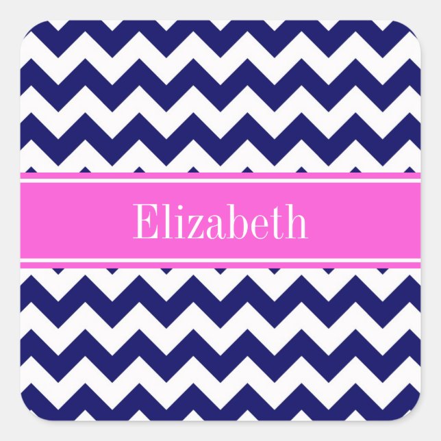 Sticker Carré Navy Blue Wht Chevron Hot Pink Nom Monogramme (Devant)