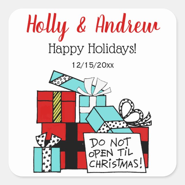 Sticker Carré Ne pas ouvrir jusqu'à Noël présente Noël (Devant)
