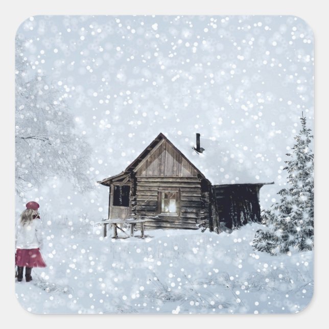Sticker Carré Neige de Noël au Cabine (Devant)