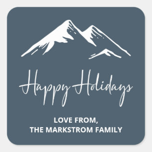 Sticker Carré Neige Sur Montagne Bleu Vacances de Noël
