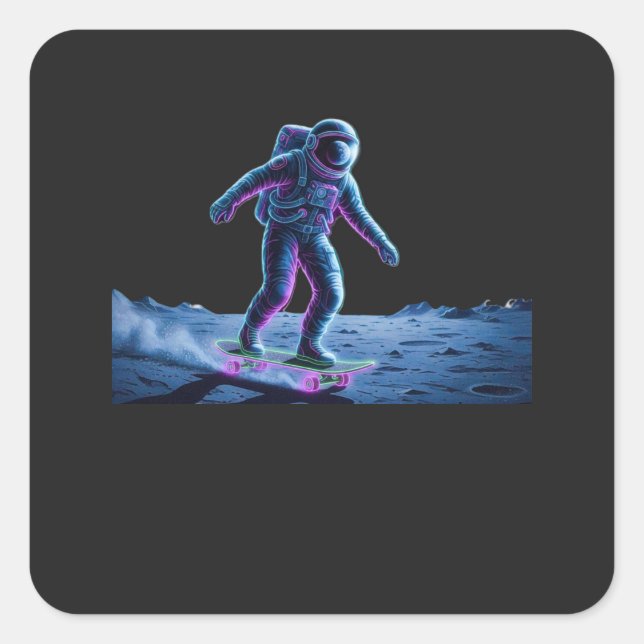 Sticker Carré Neon Astronaut Skateboarding on the Moon (Devant)