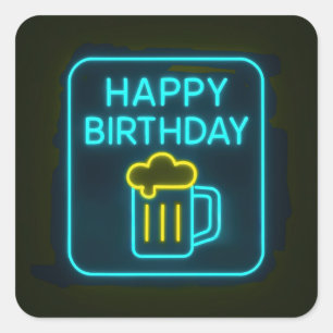 Sticker Carré Neon Birthday Bière Mug Sur Noir