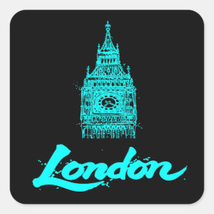 Sticker Carré Néon Cyan Londres Big Ben Croquis Moderne Noir
