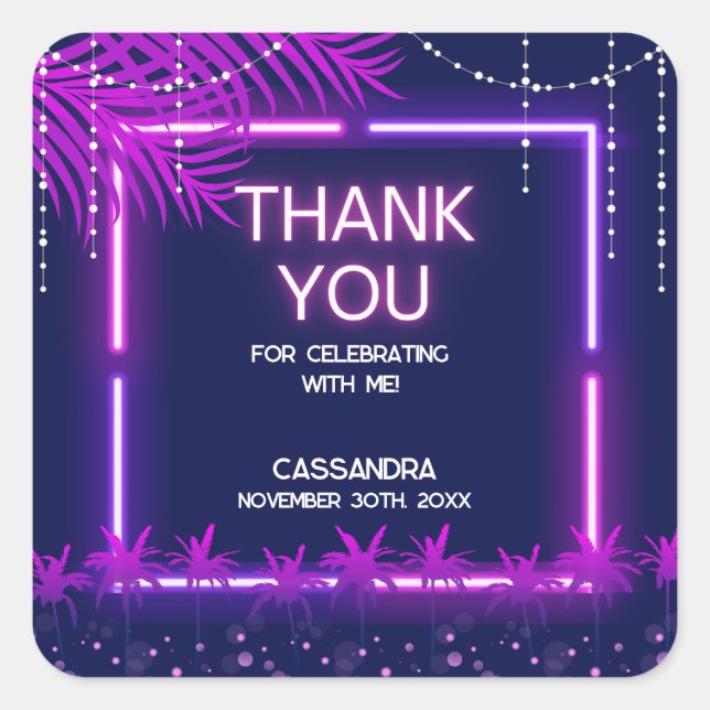Sticker Carré Neon Lights Palm Beach Night Party Anniversaire (Devant)