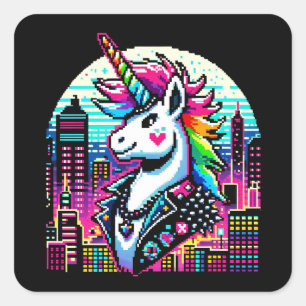 Sticker Carré Neon Urban Unicorn - Pixel Art Cityscape