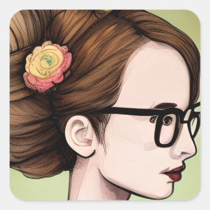 Sticker Carré Nerdy Asian Girl   Smart Lady Artsy