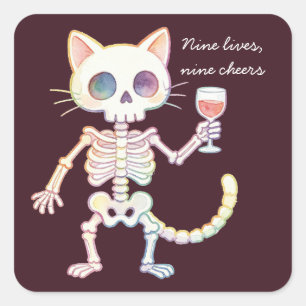 Sticker Carré Neuf Vies Neuf Acclamations Chat Squelette Mignon
