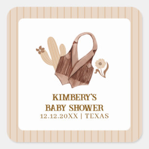 Sticker Carré Neutre Rustique Boho Cactus Baby shower de fille-f