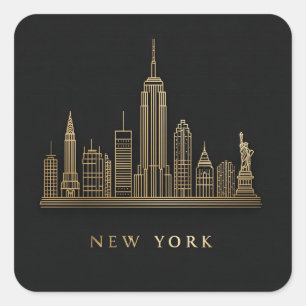 Sticker Carré New York Skyline Gold Line Art
