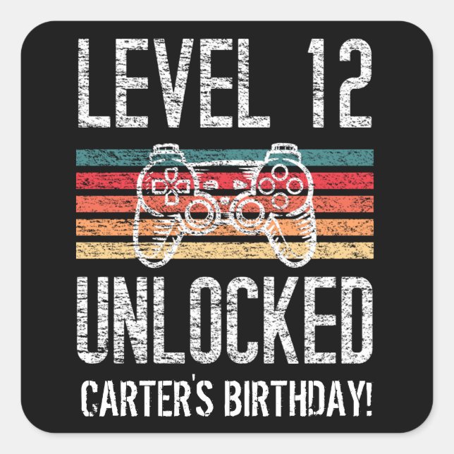 Sticker Carré Niveau 12 Déverrouillé 12e anniversaire Personnali (Devant)