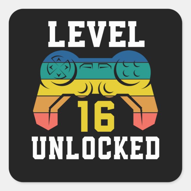 Sticker Carré Niveau 16 Déverrouillé, Jeu vidéo 16e Joueur Anniv (Devant)