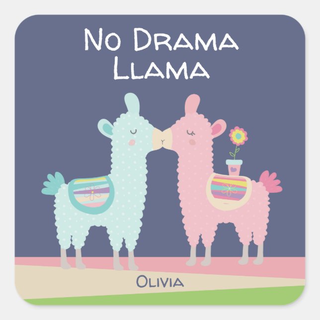 Sticker Carré No Drama Llama mignon rose bleu cool nom de l'écol (Devant)