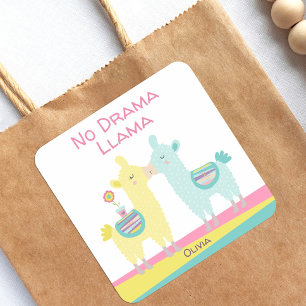 Sticker Carré No Drama Llama rose jaune Turquoise Nom École