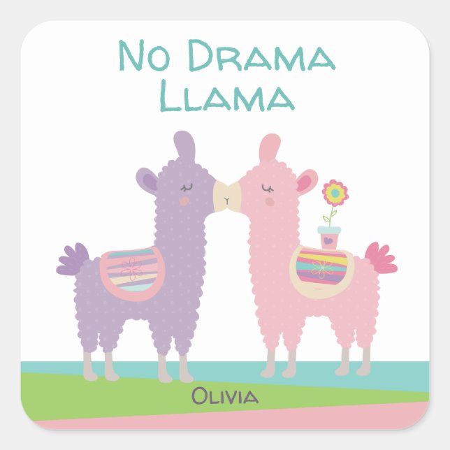 Sticker Carré No Drama Llama rose violet Turquoise Nom École (Devant)