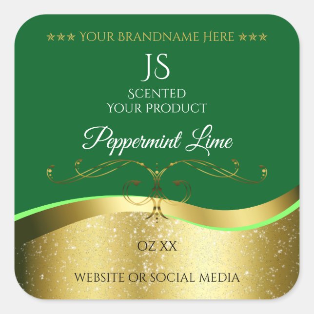 Sticker Carré Noble Wavy Gold Décor Vert foncé Monogramme Étique (Devant)