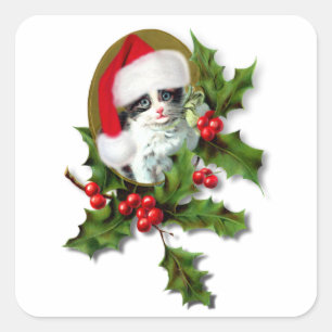 Sticker Carré Noël à Kitten vintage