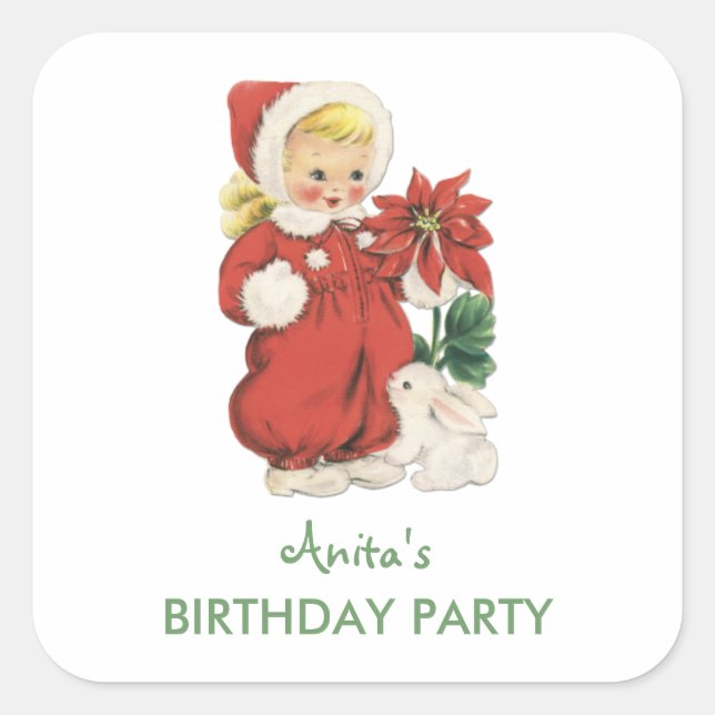 Sticker Carré Noël Anniversaire mignonne Retro Girl Rouge Poinse (Devant)
