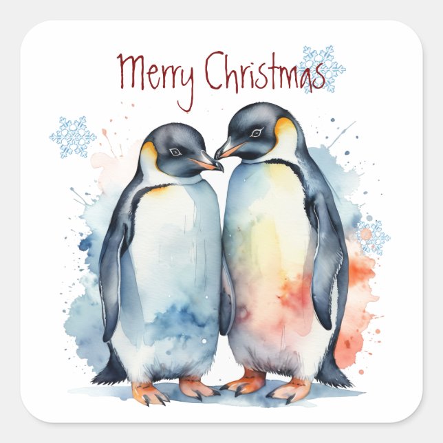 Sticker Carré Noël Aquarelle mignonne Pingouin Couple Animaux (Devant)