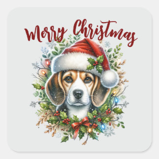Sticker Carré Noël Beagle Style Rustique de Ferme de Noël 